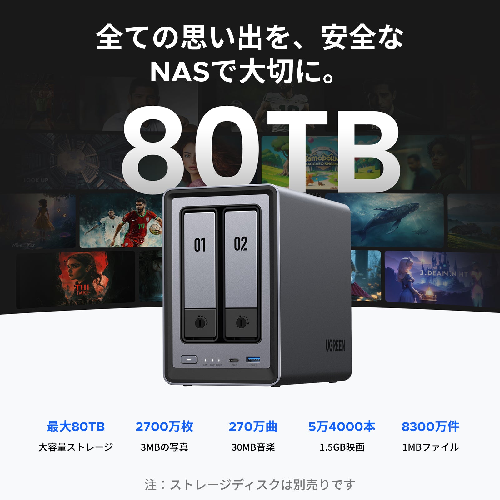UGREEN⭐新品NASync⭐DXP2800 最大64TB NAS⭐ UGREEN NAS 2 ベイ｜80TB大容量と30日間の安心お試し