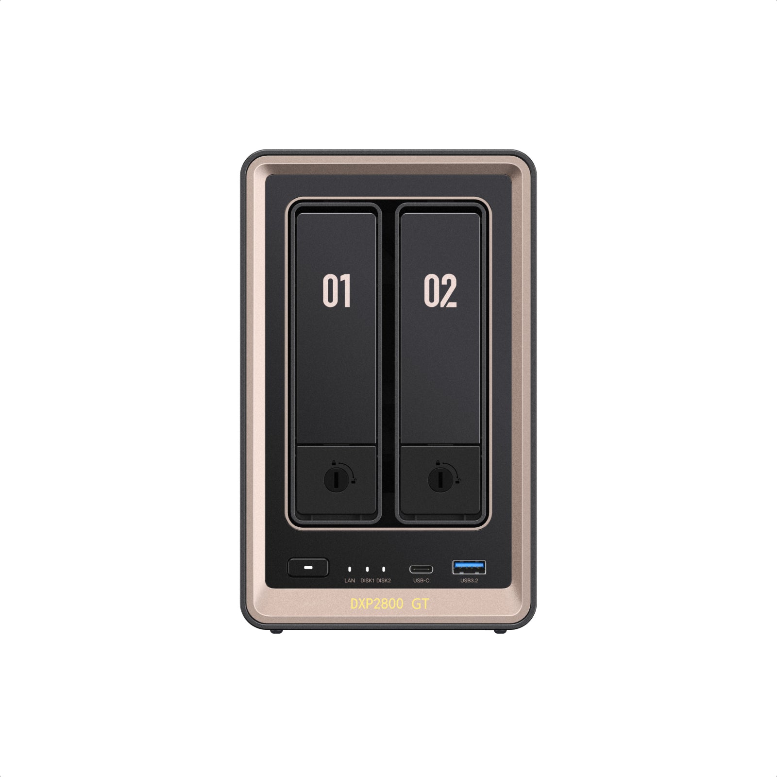 UGREEN NASync DXP2800 GTの前面デザイン。2ベイHDD搭載、USB-CポートとUSB 3.2ポートを備えたNAS本体