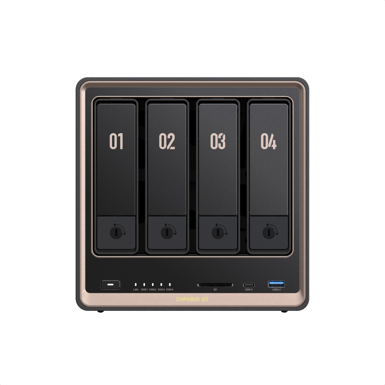 UGREEN NASync DXP4800 GT 4ベイNASの前面デザイン。SDカードスロットとUSB-C、USB 3.2ポートを搭載