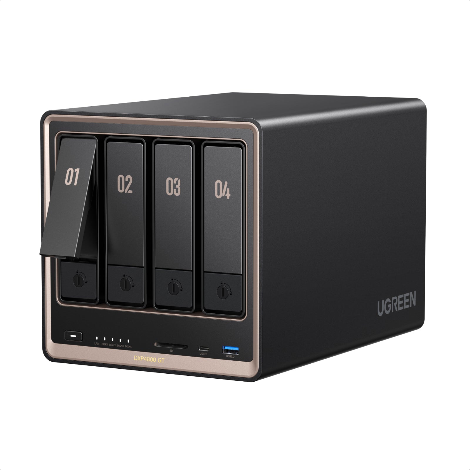 UGREEN NASync DXP4800 GTのホットスワップ対応4ベイドライブトレイ。HDDやSSDを工具不要で簡単に取り付け・交換可能